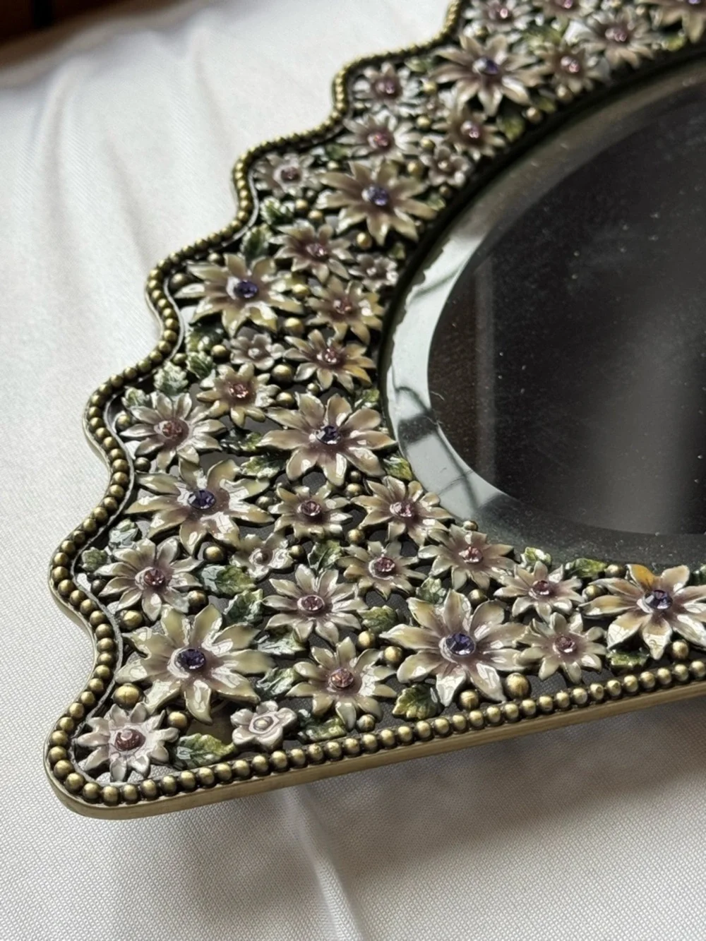 Floral Beaded Decorative Oval Mirror - Pink & Gold Accents